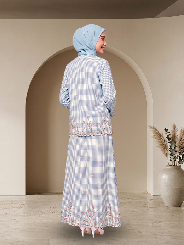 【Pre-order】Floral Embroidered Checkered Baju Kurung Set Wanita Muslimah