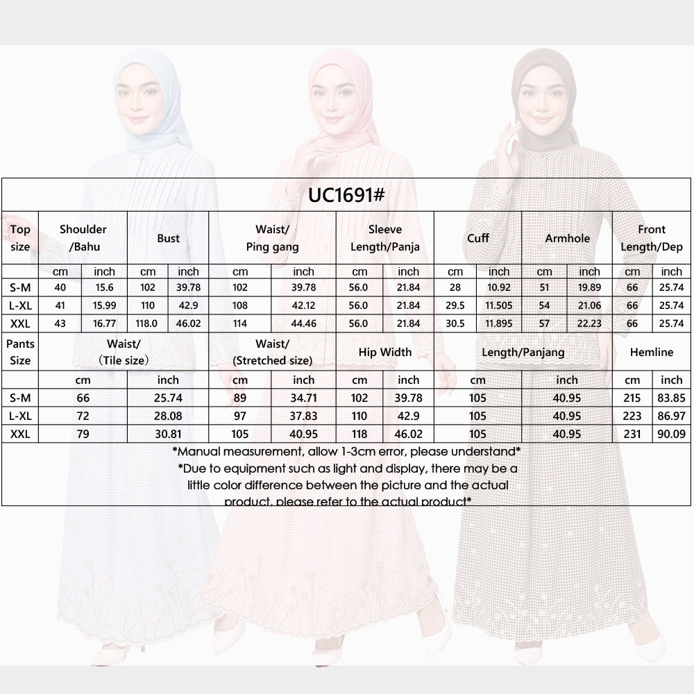 【Pre-order】Floral Embroidered Checkered Baju Kurung Set Wanita Muslimah